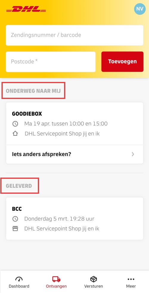 DHL-app pakketjes overzicht